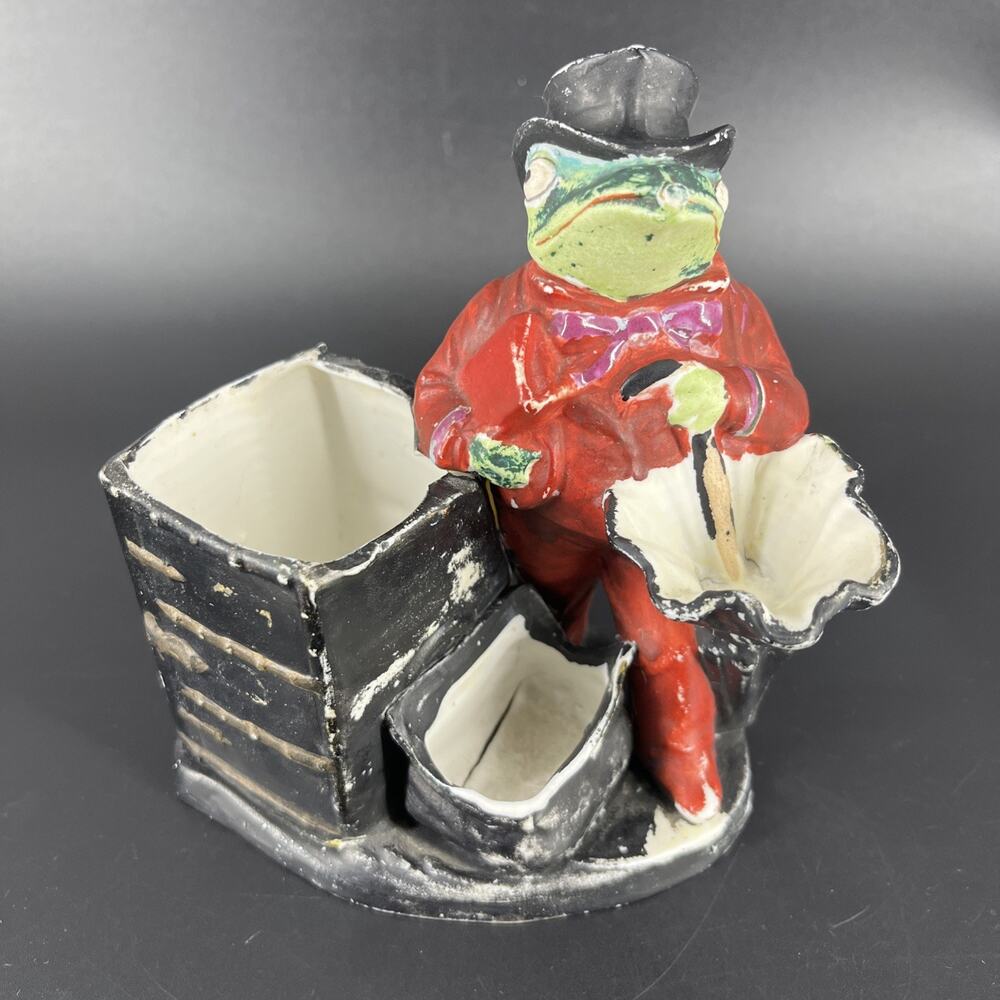 Antique Dapper Frog Top Hat Umbrella Bag Grafenthal Bisque Vase Match Holder